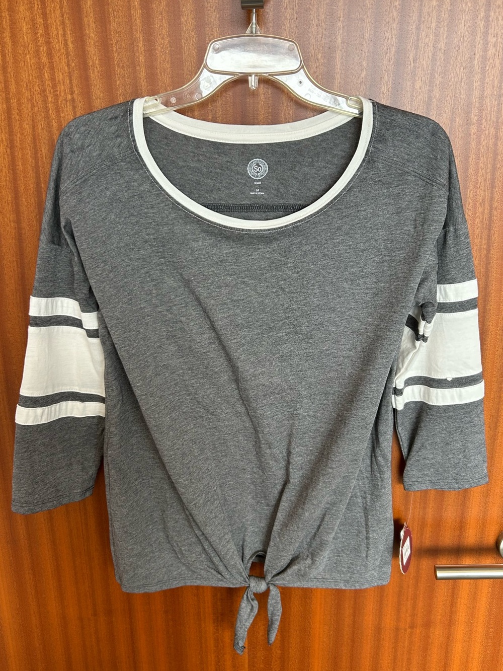 SO Gray Tie-Front Long Sleeve Tee with White Sleeve Stripes
